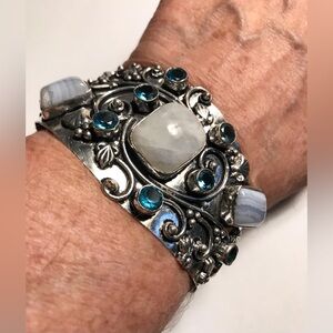 Moonstone Blue Topaz Owhyee Opal Stamped 925 Sterling Cuff Bracelet